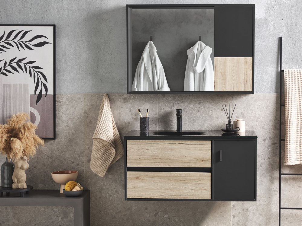 Mueble de baño con espejo madera clara/negro 100 cm TERUEL 