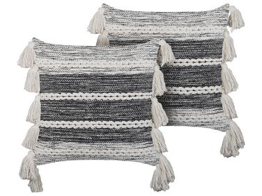 Set of 2 Cotton Cushions with Tassels 45 x 45 cm Black and White ROCHEA