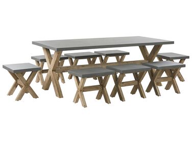 Set de jardin table et 8 tabourets en fibre-ciment gris et bois OLBIA