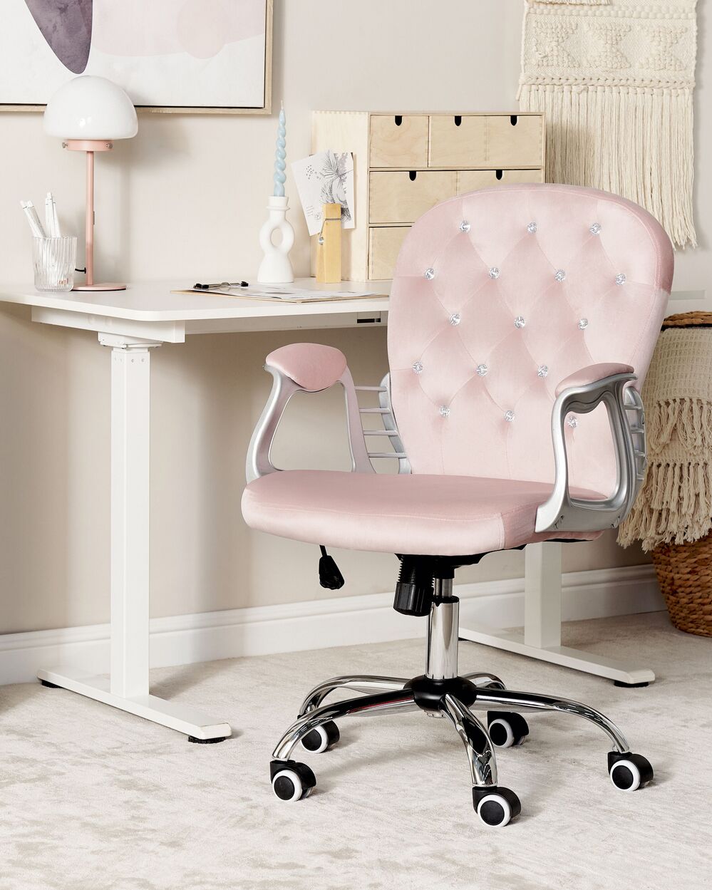 Silla de oficina reclinable de terciopelo rosa pastel/plateado/negro  PRINCESS 