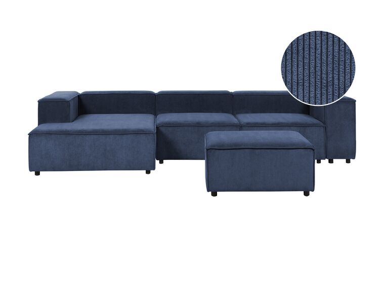 Right Hand 3 Seater Modular Jumbo Cord Corner Sofa with Ottoman Blue APRICA_909057