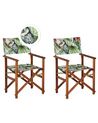 Conjunto de 2 cadeiras de jardim madeira escura e 2 lonas creme e padrão tucano CINE_819056