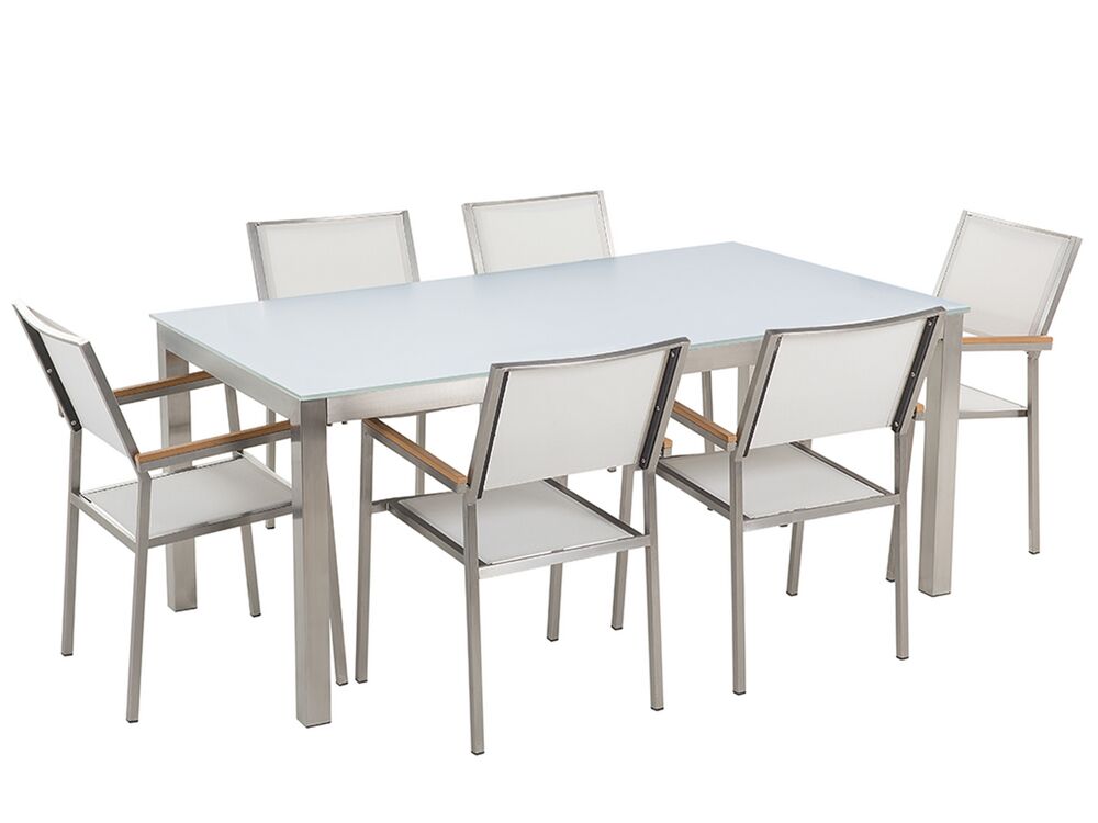 6 Seater Garden Dining Set White Glass Top With Chairs Grosseto Furniture Lamps Accessories Up To 70 Off Avandeo 6 Seater Garden Dining Set White Glass, Glass Top Table And Chairs For Garden