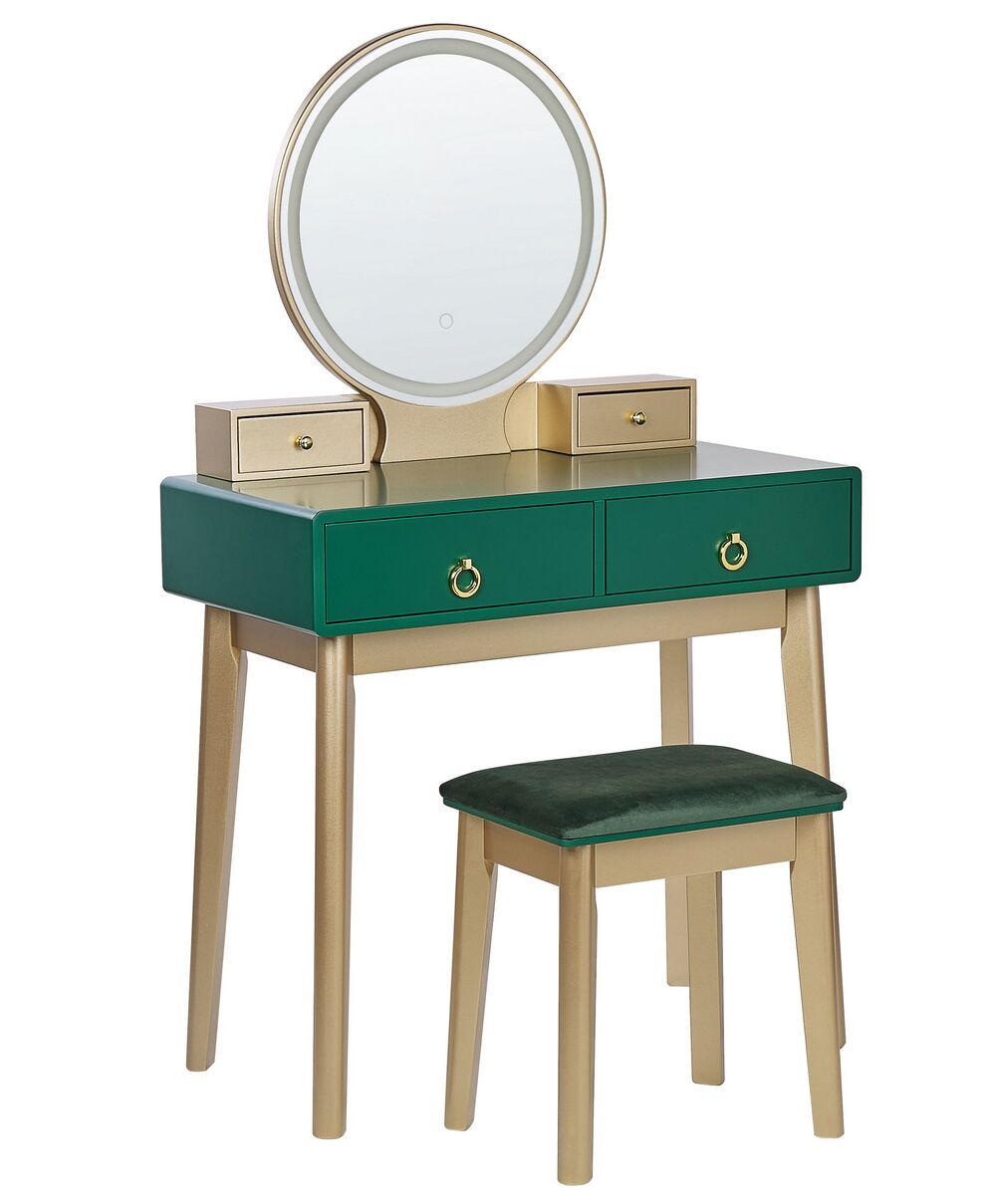 Amazon.com: Makeup Dressing Table Set with Fenced Design, Vanity Table Set  with 3 Color Dimming Lighted Mirror, Storage Shelves, Cushioned Stool &  Drawer Cosmetic Storage Organizer Table for Bedroom Vanities Desk :