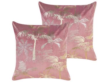 Set of 2 Velvet Cushions Palm Motif 45 x 45 cm Pink CARANDAY