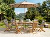 Zestaw ogrodowy drewniany stół z parasolem i 8 krzeseł z poduszkami niebiesko-beżowymi MAUI_743945