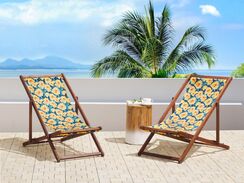 Tumma akaasiapuinen aurinkotuoli keltaisella kukkakuviokankaalla 2 kpl ANZIO Tumma akaasiapuinen aurinkotuoli keltaisella kukkakuviokankaalla 2 kpl ANZIO