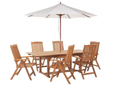Zestaw ogrodowy drewno akacjowe stół i 6 krzeseł JAVA z parasolem (12 opcji do wyboru)