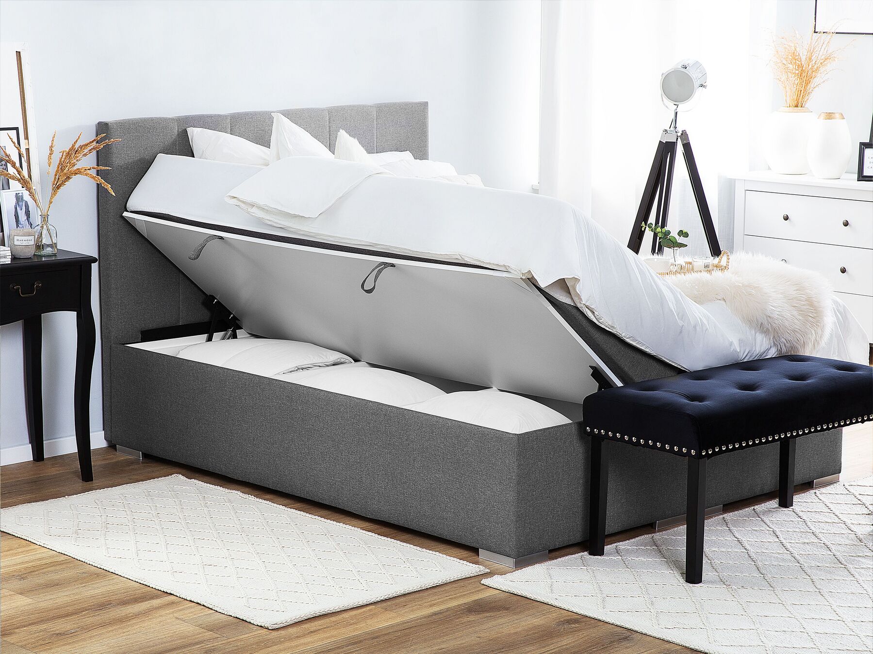 Boxspringbett grau mit Bettkasten hochklappbar 180 x 200 cm LORD