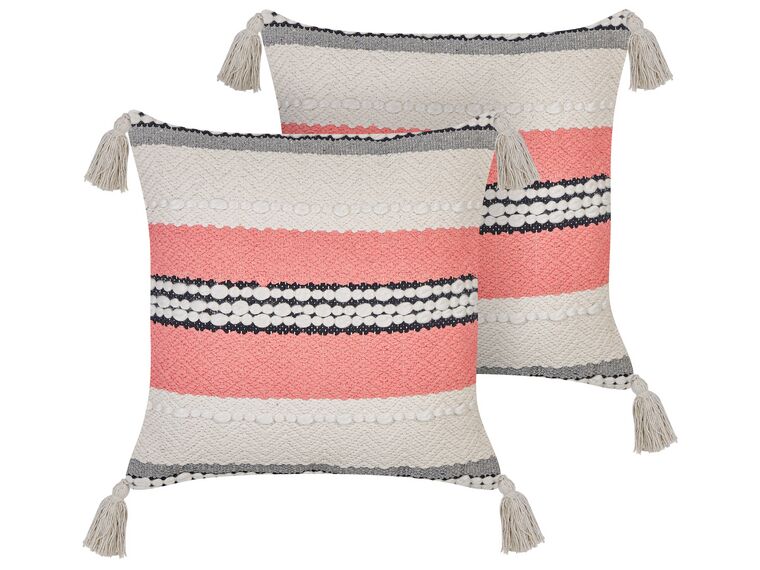Set of 2 Cotton Cushions Striped Pattern 45 x 45 cm Beige and Red EUPHORBIA_843542