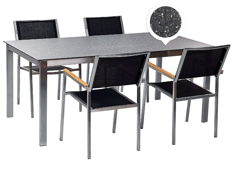 Négyszemélyes fekete gránithatású üveg étkezőasztal fekete székekkel COSOLETO/GROSSETO_881582