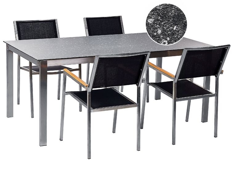 Zestaw ogrodowy stół szklany efekt granitu i 4 krzesła czarny COSOLETO/GROSSETO_881582