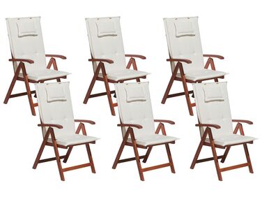 Sada 6 dřevěných zahradních židlí s bílými polštáři TOSCANA