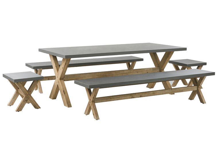 Set de jardin table 2 bancs et 2 tabourets en fibre-ciment gris et bois OLBIA_771439