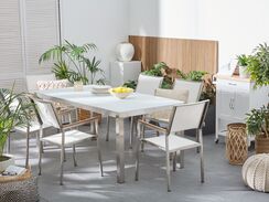 6-istuttava ulkoruokailuryhmä lasitaso tekstiilituolit valkoinen GROSSETO 6-istuttava ulkoruokailuryhmä lasitaso tekstiilituolit valkoinen GROSSETO