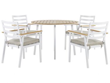 Súprava záhradného stola a 4 bielych stoličiek s béžovými poduškami CAVOLI
