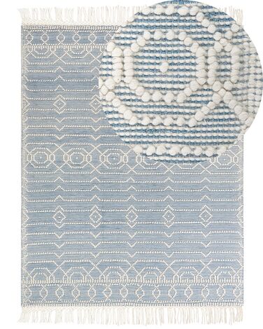Teppich Wolle blau / weiss 160 x 230 cm Fransen Kurzflor ORHANELI