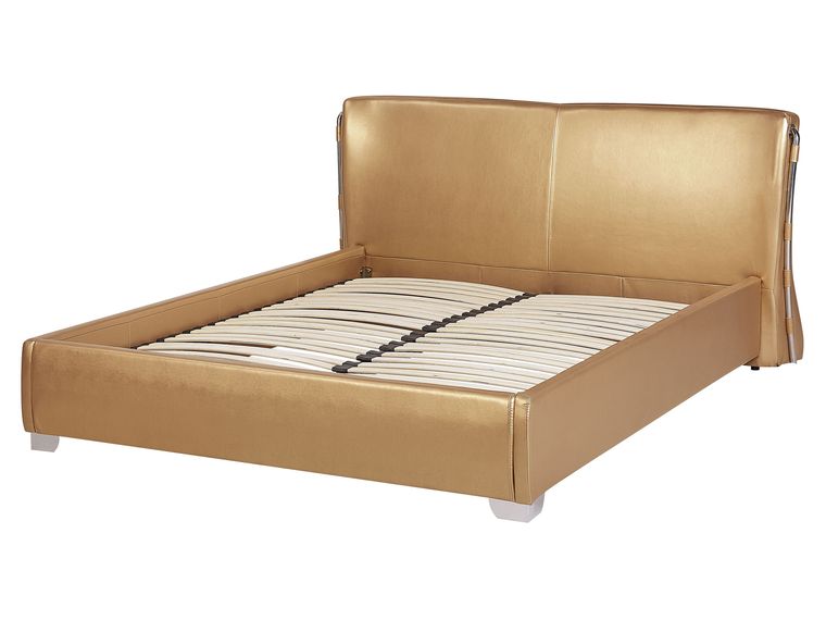 Leather EU King Size Bed with LED Gold PARIS Beliani.es