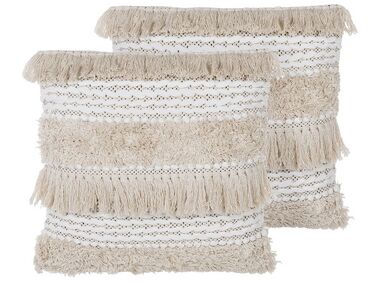 Set of 2 Embroidered Cushions with Tassels 45 x 45 cm Beige VILLUR