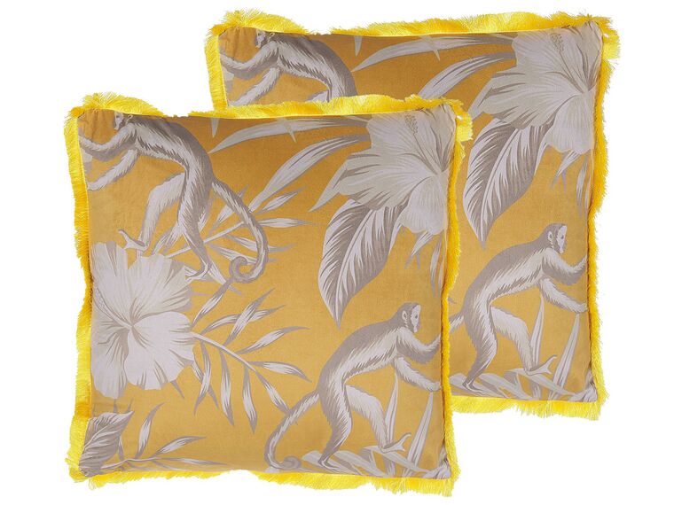Set of 2 Fringed Cushions Monkey Print 45 x 45 cm Yellow MANJU_801369