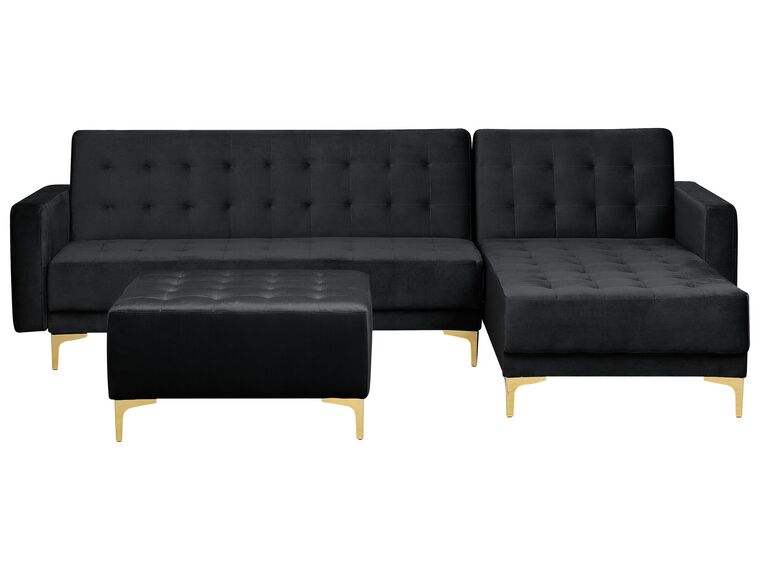 Left Hand Velvet Corner Sofa with Ottoman Black ABERDEEN_857157