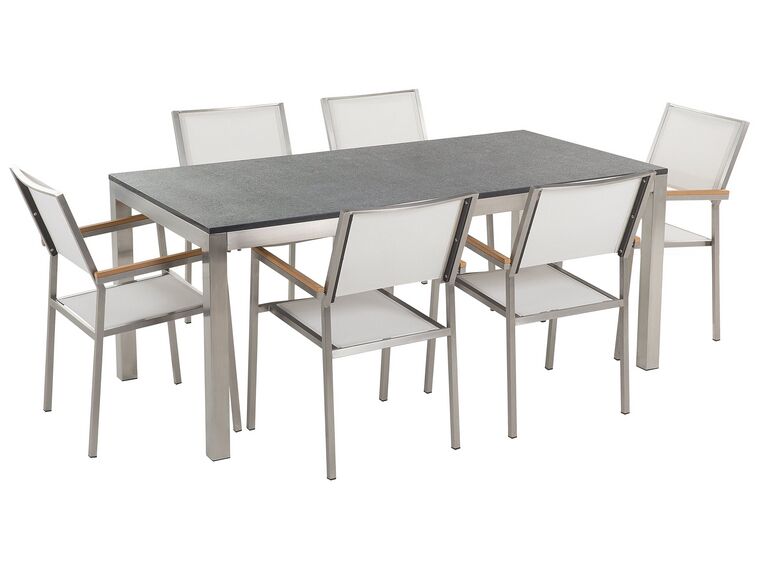 Hatszemélyes fekete gránit étkezőasztal fehér textilén székekkel GROSSETO_429890