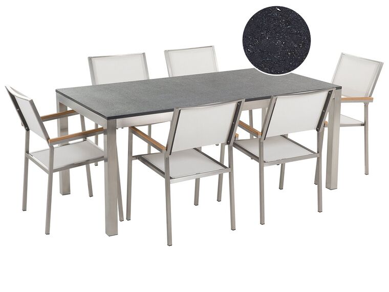 Table de jardin plateau granit noir poli 180 cm 6 chaises textile blanc GROSSETO_429890