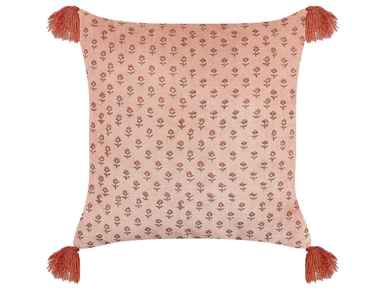 Welurowa poduszka dekoracyjna z frędzlami roślinny motyw 45 x 45 cm różowa RUMHORA_838214