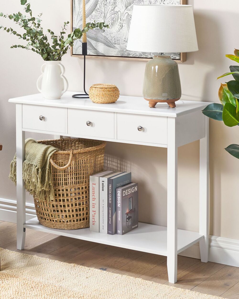 3 drawer top white console table