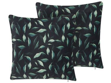 Set of 2 Velvet Cushions Leaf Pattern 45 x 45 cm Green and Black TOADFLAX