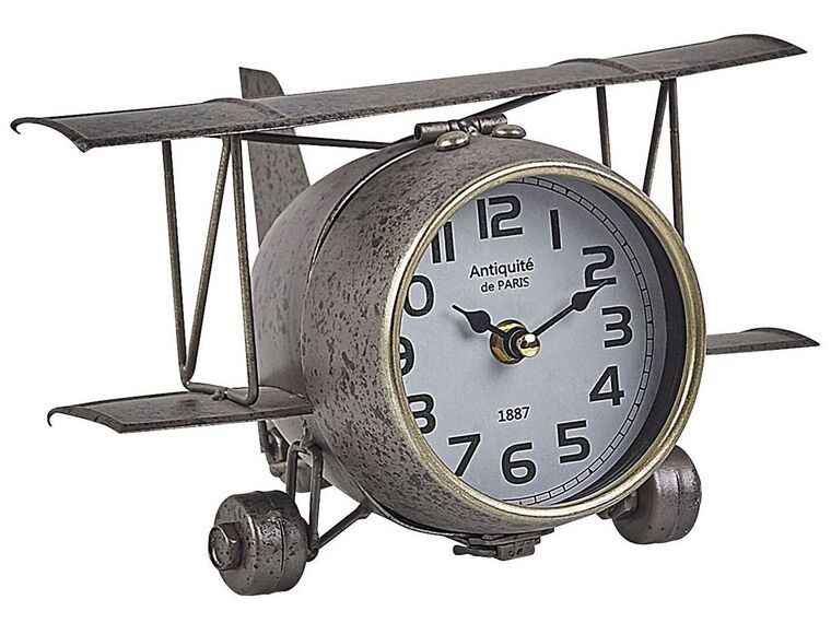 Zegar stojący w kształcie samolotu srebrny STANS_796644