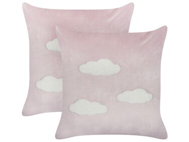 Set of 2 Velvet Embroidered Cushions Clouds Pattern 45 x 45 cm Pink IPOMEA