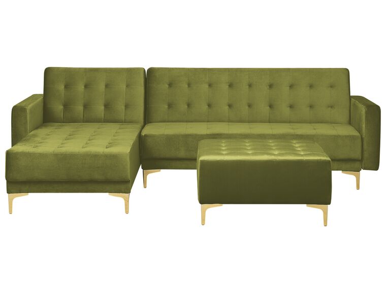 Canapé d'angle 4 places côté droit en velours vert avec ottoman ABERDEEN_882297