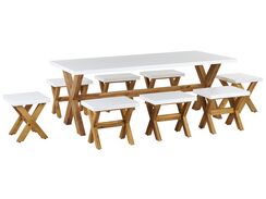 8-istuttava ulkoruokailuryhmä jakkaroilla kuitusementti valkoinen OLBIA 8-istuttava ulkoruokailuryhmä jakkaroilla kuitusementti valkoinen OLBIA