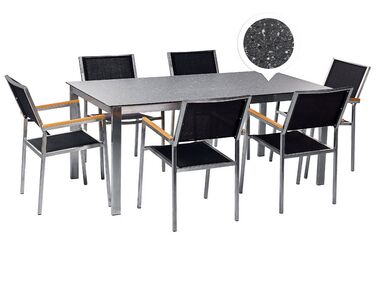 6 Seater Garden Dining Set Black Granite Effect Glass Top with Black Chairs COSOLETO/GROSSETO
