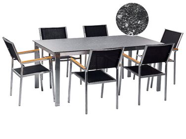 6 Seater Garden Dining Set Black Granite Effect Glass Top with Black Chairs COSOLETO/GROSSETO