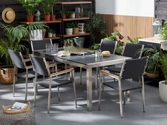 6-istuttava ulkoruokailuryhmä poltettu graniittitaso polyrottinkituolit musta GROSSETO 6-istuttava ulkoruokailuryhmä poltettu graniittitaso polyrottinkituolit musta GROSSETO