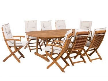 Trädgårdsmöbelset av bord och 8 stolar med dynor i beige MAUI