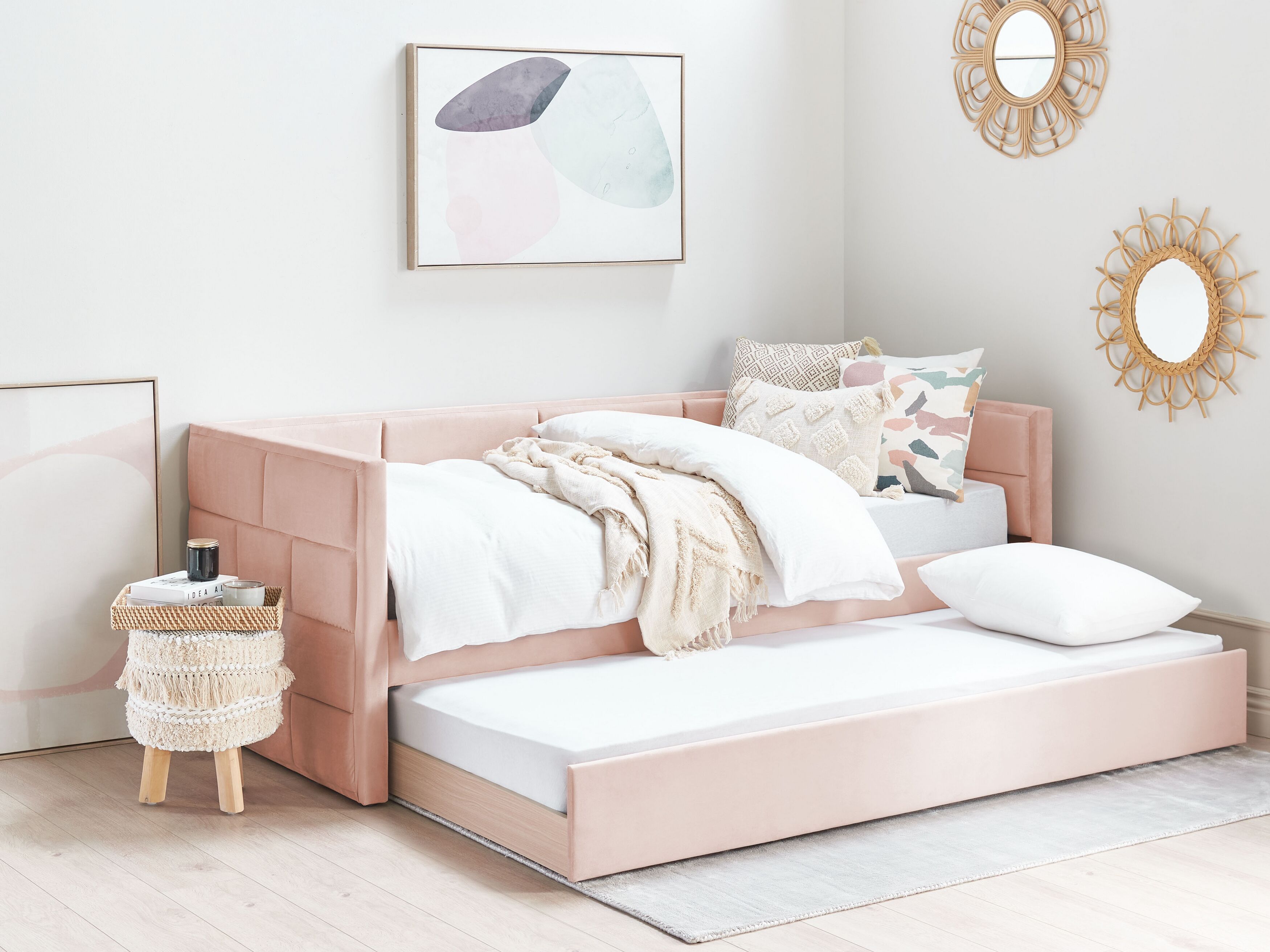 Single Shell Bed Velvet EU Single Trundle Bed Pink CHAVONNE | Beliani.co.uk