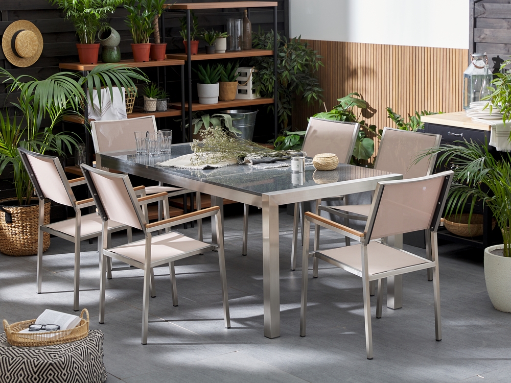 Set di tavolo e 6 sedie da giardino in acciaio granito e fibra tessile  beige grigio lucido 180 cm GROSSETO 