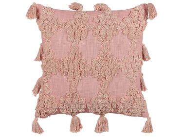 Bawełniana poduszka dekoracyjna tuftowana z frędzlami 45 x 45 cm różowa TORENIA