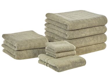 Set of 9 Cotton Terry Towels Green MITIARO