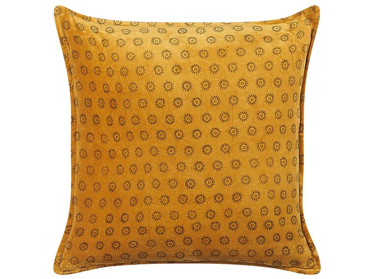 Welurowa poduszka dekoracyjna wzór w słońca 45 x 45 cm żółta RAPIS_838457