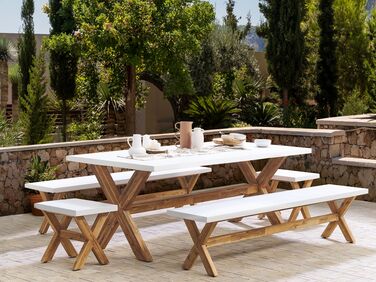 8 Seater Concrete Garden Dining Set Benches and Stools White OLBIA
