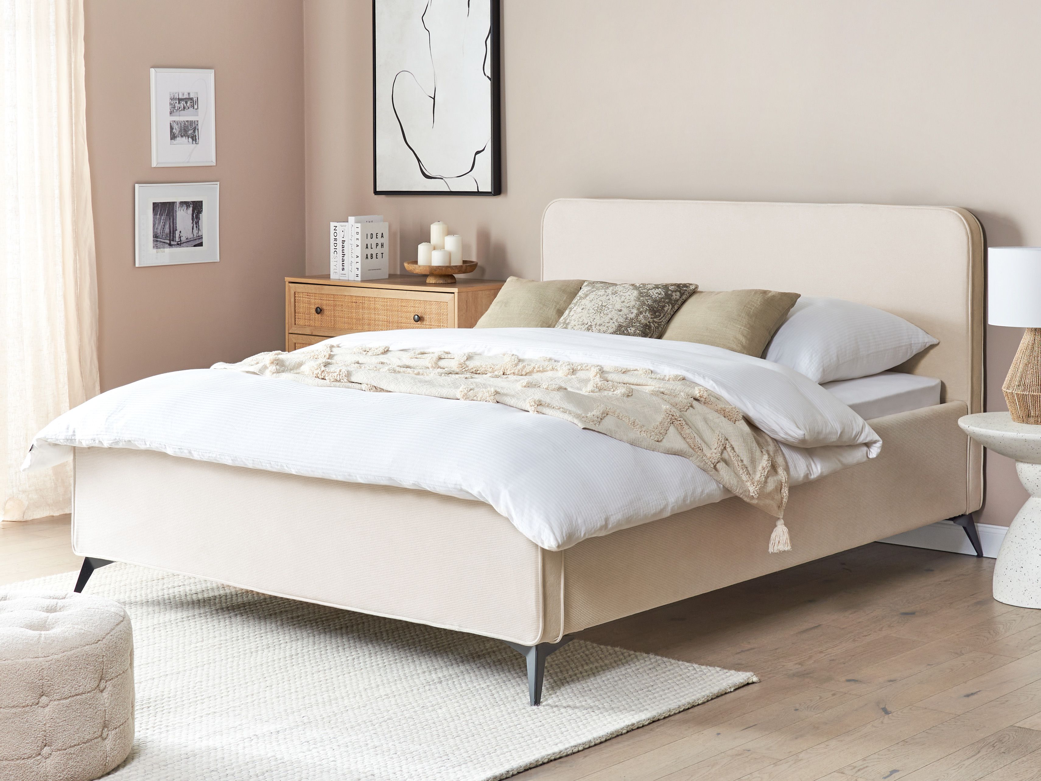 Polsterbett Cord hellbeige Lattenrost 160 x 200 cm VALOGNES | Beliani.de