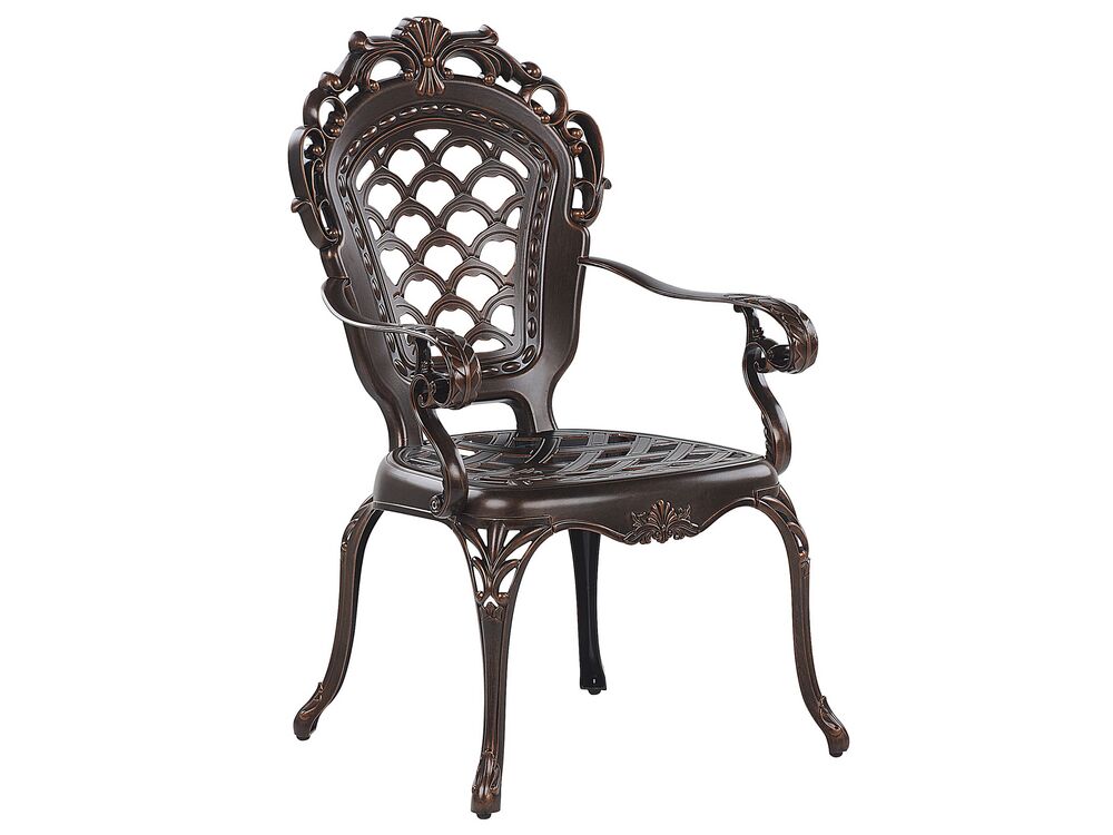 Ensemble Jardin Vintage Beliani - Table Ronde Et 6 Chaises En Aluminium Brun Cuivré Avec Coussins Rouge