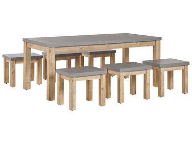 Set de jardin table et 6 tabourets gris en fibre-ciment et bois OSTUNI