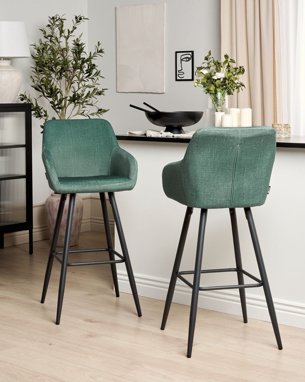 Green velvet bar shop stools