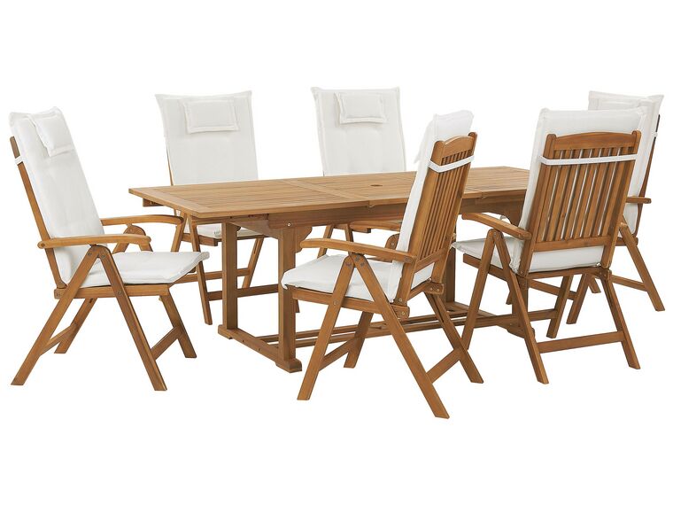 6 Seater Acacia Wood Garden Dining Set with Off-White Cushions JAVA_785809