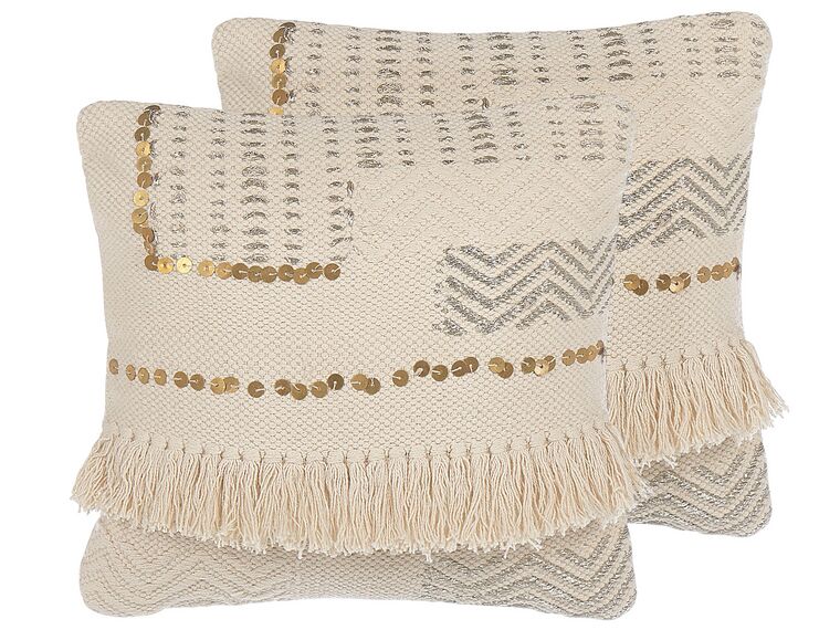Set of 2 Cotton Cushions with Tassels 45 x 45 cm Beige VAYALI_802437